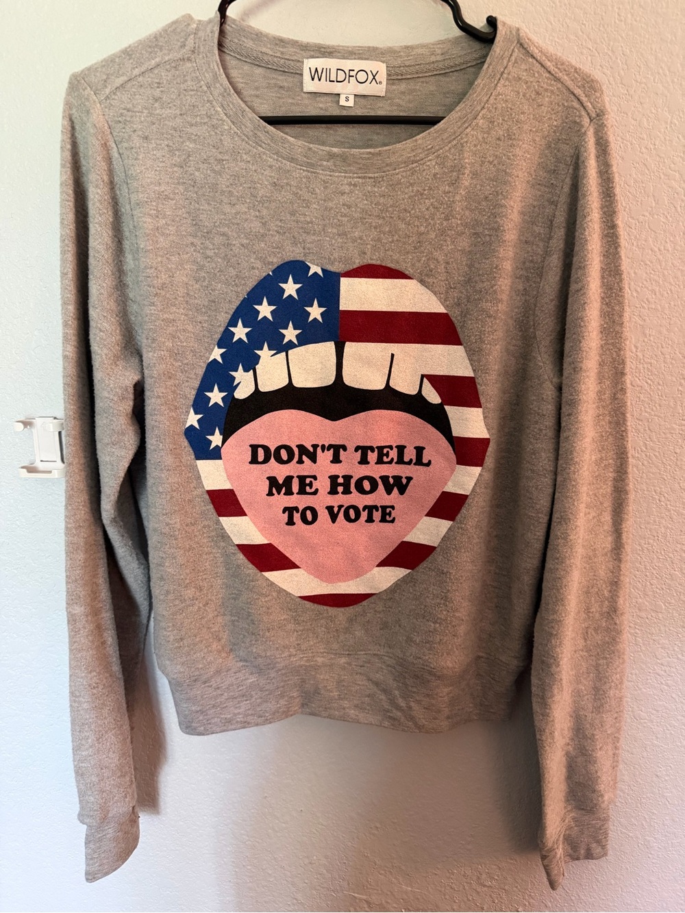 Wildfox Gray Sweatshirt with American Flag Lips and Pink Heart Graphic